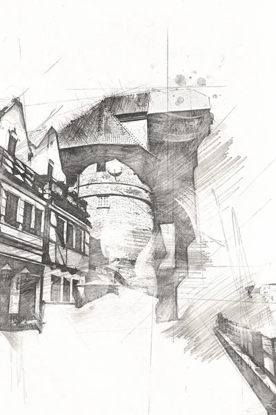 Croquis Aquarelle Illustration Une Belle Vue Sur Architecture Ville Gdansk — Photo