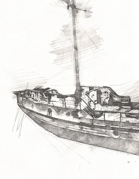 Vitorlás Hajók Mólón Kikötő Művészet Illusztráció Szüret Retelés Retro — Stock Fotó