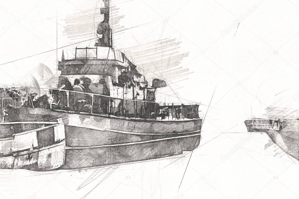 Military ship goes through the rough atlantic sea illustration vintage retro art drawing
