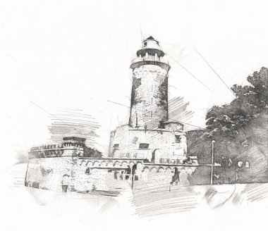 El çizimi suluboya deniz feneri illüstrasyon sanat klasiği çizimi