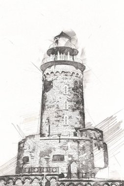 El çizimi suluboya deniz feneri illüstrasyon sanat klasiği çizimi