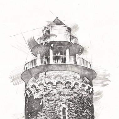 El çizimi suluboya deniz feneri illüstrasyon sanat klasiği çizimi