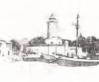 El çizimi suluboya deniz feneri illüstrasyon sanat klasiği çizimi