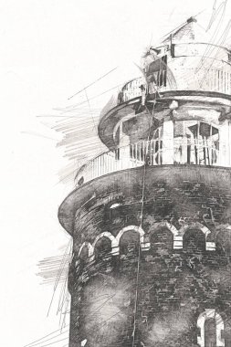 El çizimi suluboya deniz feneri illüstrasyon sanat klasiği çizimi