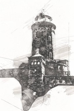 El çizimi suluboya deniz feneri illüstrasyon sanat klasiği çizimi