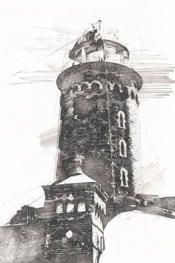 El çizimi suluboya deniz feneri illüstrasyon sanat klasiği çizimi