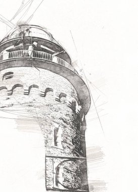 El çizimi suluboya deniz feneri illüstrasyon sanat klasiği çizimi