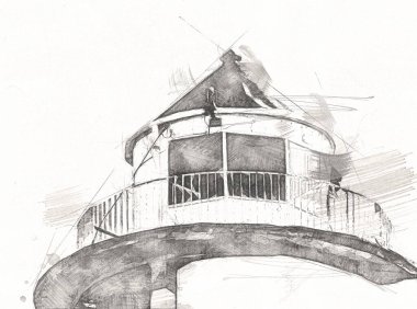 El çizimi suluboya deniz feneri illüstrasyon sanat klasiği çizimi