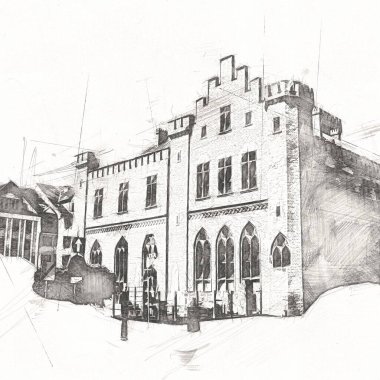 Kolobrzeg eski şehir, belediye binası, poland resim çizimi