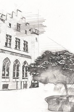 Kolobrzeg eski şehir, belediye binası, poland resim çizimi