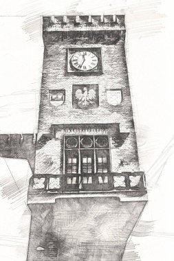 Kolobrzeg eski şehir, belediye binası, poland resim çizimi