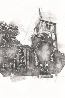 Kolobrzeg eski şehir, belediye binası, poland resim çizimi