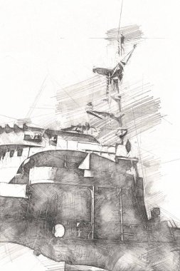 Savaş gemisi deniz illüstrasyonu antika sanat eseri çizimi