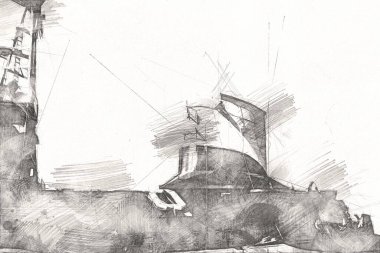 Savaş gemisi deniz illüstrasyonu antika sanat eseri çizimi