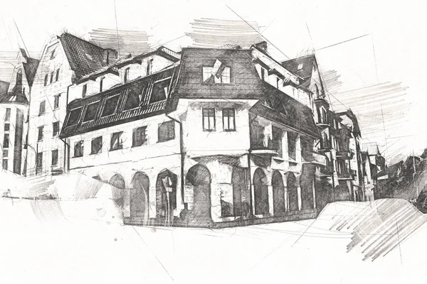 Kolobrzeg Altstadt Rathaus Polnische Kunst Illustration Zeichnung Skizze — Stockfoto