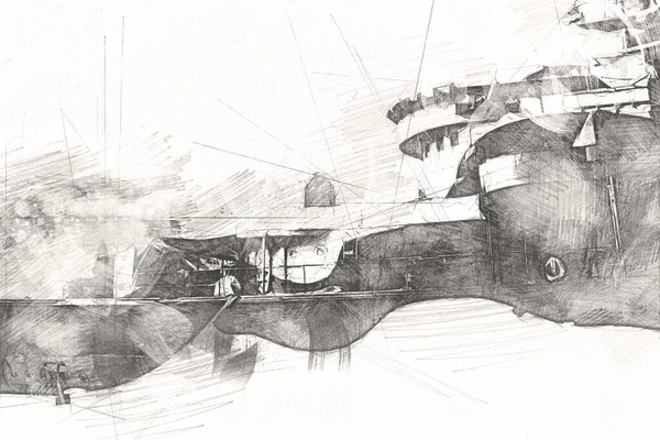 戦艦海のイラスト アンティークヴィンテージアートドローイング — ストック写真