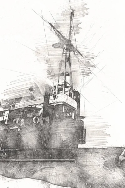 Slagschip Zee Illustratie Antieke Vintage Kunst Tekening — Stockfoto