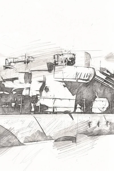 Battleship Sea Illustration Antique Vintage Art Drawing — Stock Photo, Image