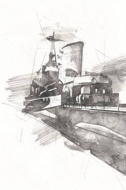 Savaş gemisi deniz illüstrasyonu antika sanat eseri çizimi