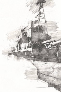Savaş gemisi deniz illüstrasyonu antika sanat eseri çizimi
