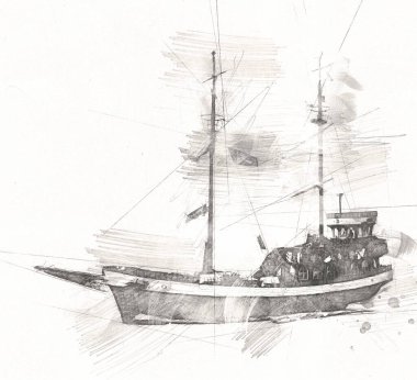 Deniz illüstrasyonunda yelken açan korsan gemisi klasik eskiz çiziyor.