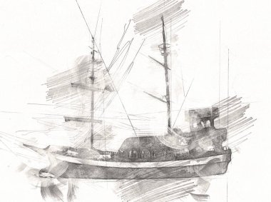 Deniz illüstrasyonunda yelken açan korsan gemisi klasik eskiz çiziyor.