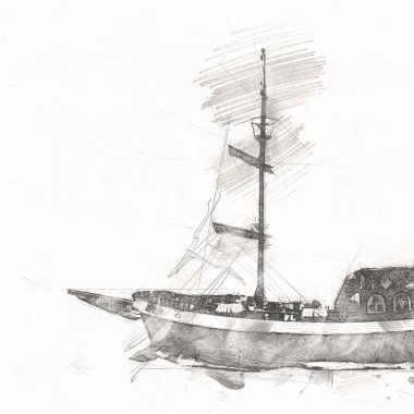 Deniz illüstrasyonunda yelken açan korsan gemisi klasik eskiz çiziyor.