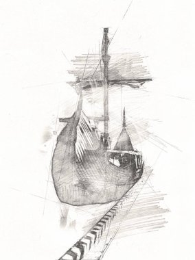 Deniz illüstrasyonunda yelken açan korsan gemisi klasik eskiz çiziyor.