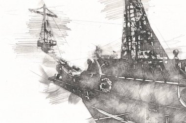 Deniz illüstrasyonunda yelken açan korsan gemisi klasik eskiz çiziyor.