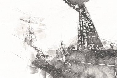 Deniz illüstrasyonunda yelken açan korsan gemisi klasik eskiz çiziyor.