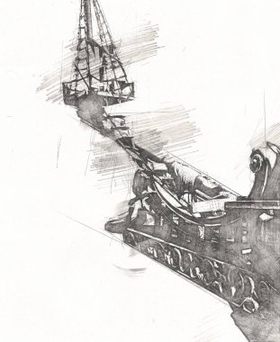 Deniz illüstrasyonunda yelken açan korsan gemisi klasik eskiz çiziyor.