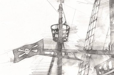 Korsan bayrağında kafatası ve kemikler, resim çizimi klasik