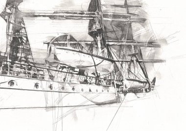 Antika tekne deniz motifi el yapımı sanat eseri çizimi