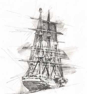 Antika tekne deniz motifi el yapımı sanat eseri çizimi