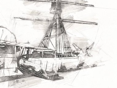 Antika tekne deniz motifi el yapımı sanat eseri çizimi