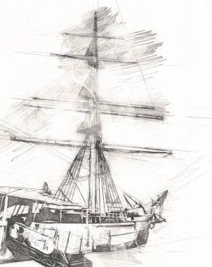 Antika tekne deniz motifi el yapımı sanat eseri çizimi