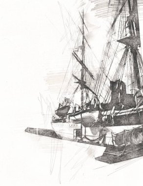 Antika tekne deniz motifi el yapımı sanat eseri çizimi