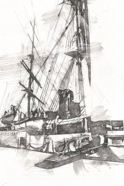 Antika tekne deniz motifi el yapımı sanat eseri çizimi