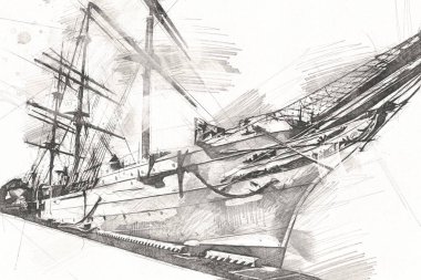 Antika tekne deniz motifi el yapımı sanat eseri çizimi