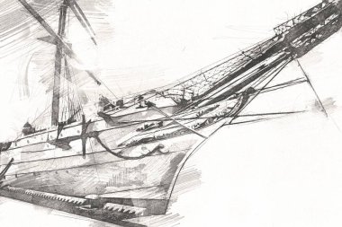Antika tekne deniz motifi el yapımı sanat eseri çizimi