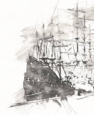 Antika tekne deniz motifi el yapımı sanat eseri çizimi