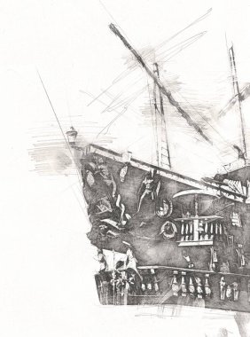 Antika tekne deniz motifi el yapımı sanat eseri çizimi