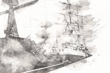 Antika tekne deniz motifi el yapımı sanat eseri çizimi