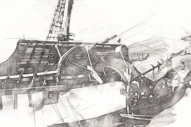 Antika tekne deniz motifi el yapımı sanat eseri çizimi
