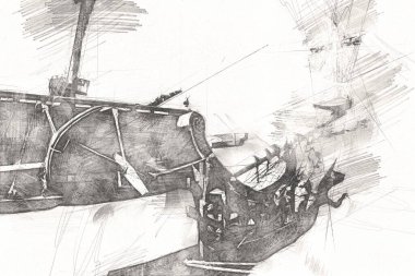 Antika tekne deniz motifi el yapımı sanat eseri çizimi