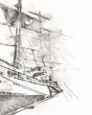 Antika tekne deniz motifi el yapımı sanat eseri çizimi