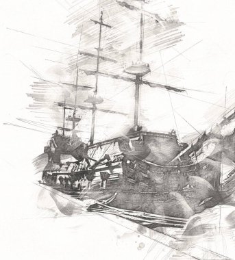 Antika tekne deniz motifi el yapımı sanat eseri çizimi