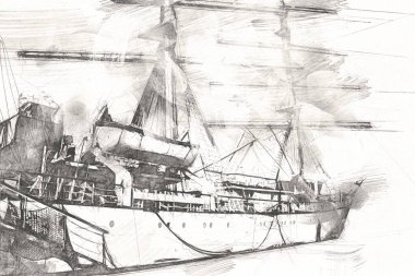 Antika tekne deniz motifi el yapımı sanat eseri çizimi