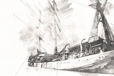 Antika tekne deniz motifi el yapımı sanat eseri çizimi