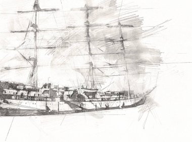 Antika tekne deniz motifi el yapımı sanat eseri çizimi